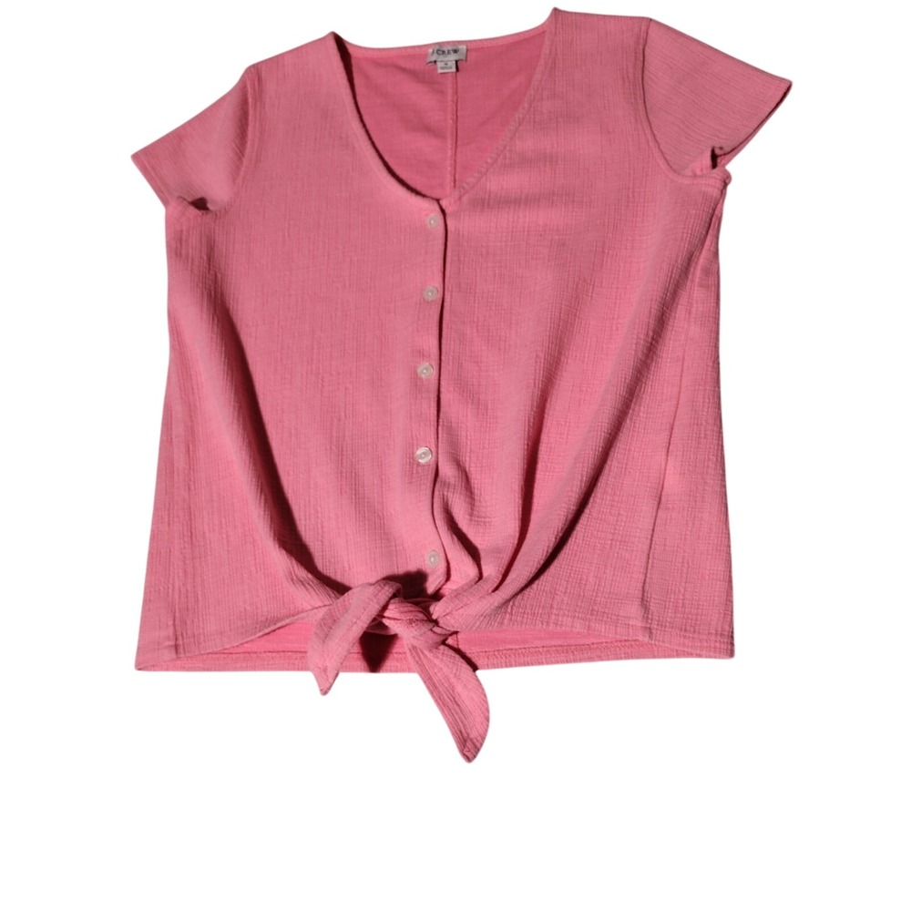 J. Crew Factory Size S Textured Tie Front Button Up Shirt Blouse Stretch Pink - Picture 2 of 16